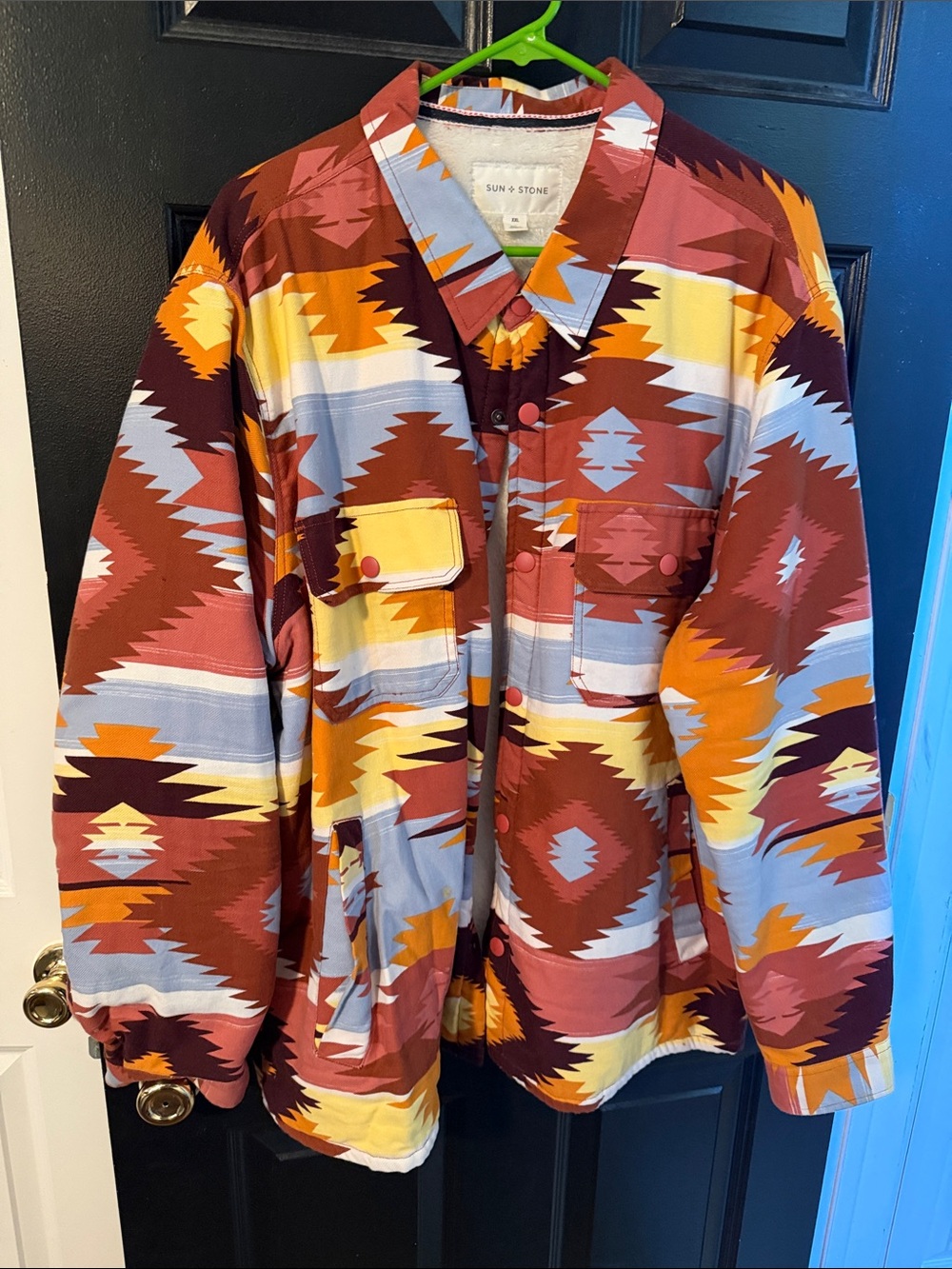 Sun + Stone Aztec Pattern Utility Jacket - Rust, Yellow, Light Blue
